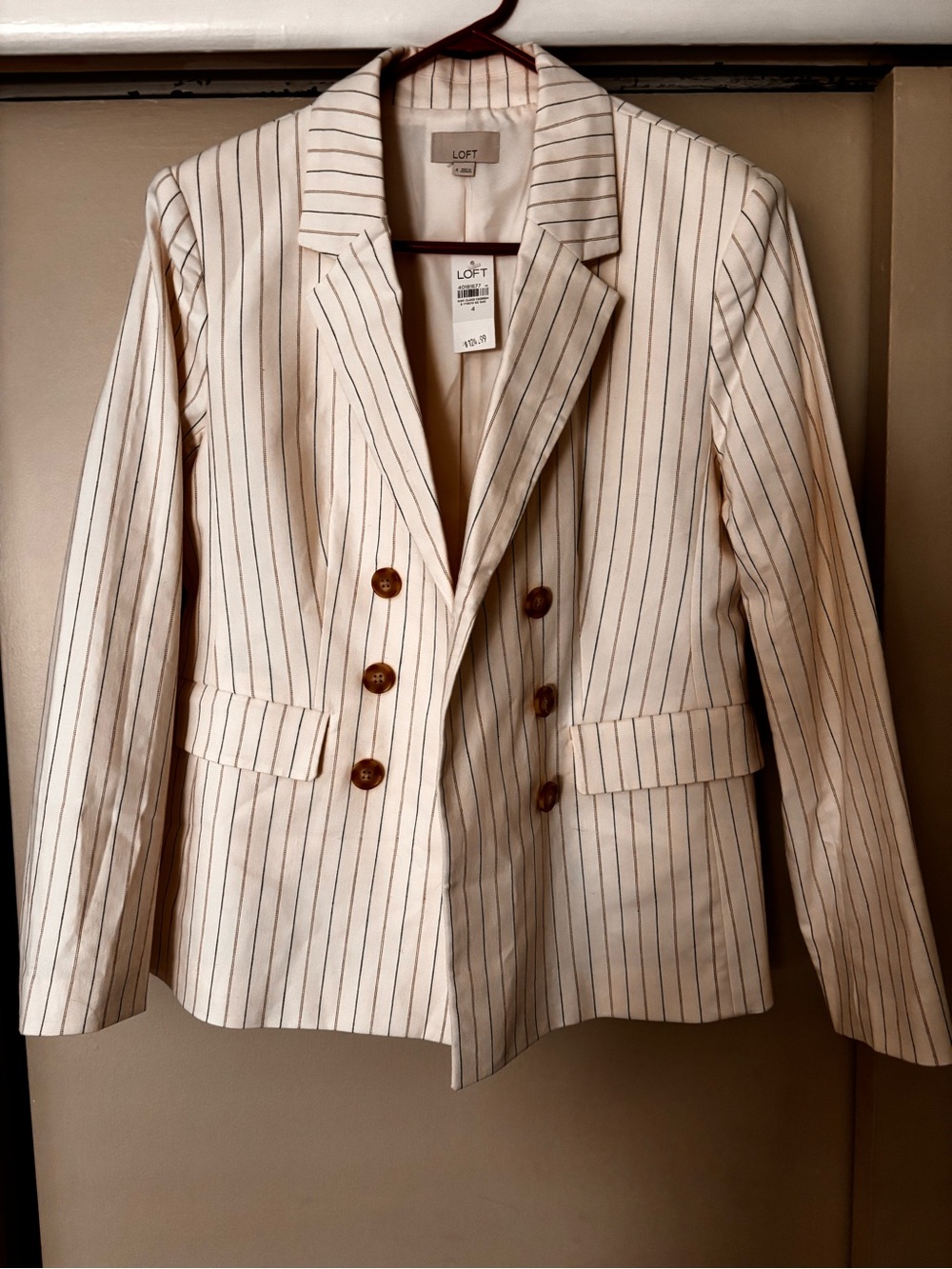 LOFT Cream Pinstripe Double-Breasted Blazer with Brown Buttons